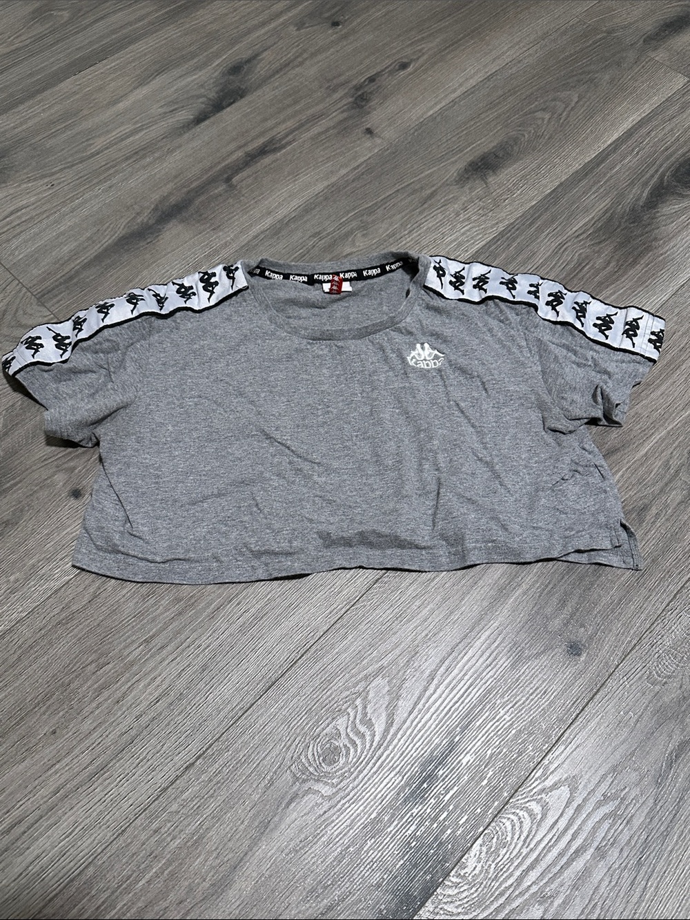 Kappa Gray Cropped Logo Tee with Black-White Sleeve Tape